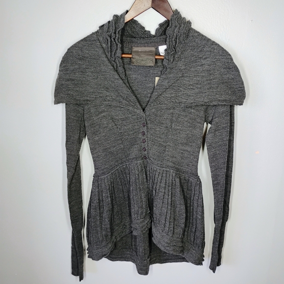 Guinevere Anthropologie Merino Wool Cardigan Womens Small Gray Ruffle Steampunk - Picture 1 of 13